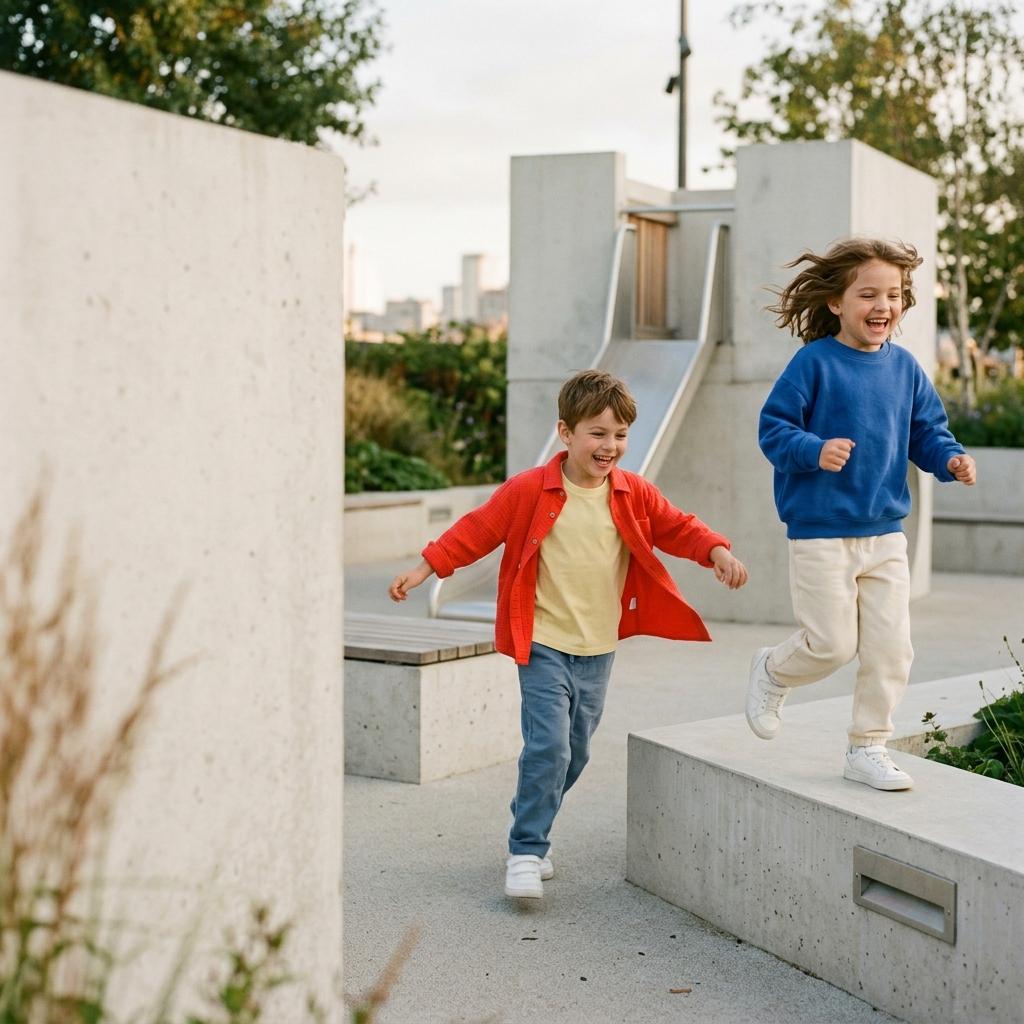 Two children playing joyfully in colorful Tiny Orbit clothes