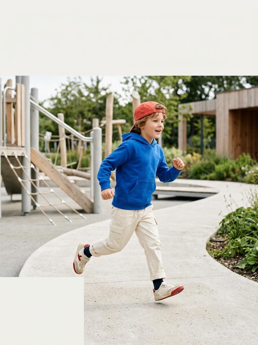 Child running outdoors wearing Tiny Orbit hoodie and cap
