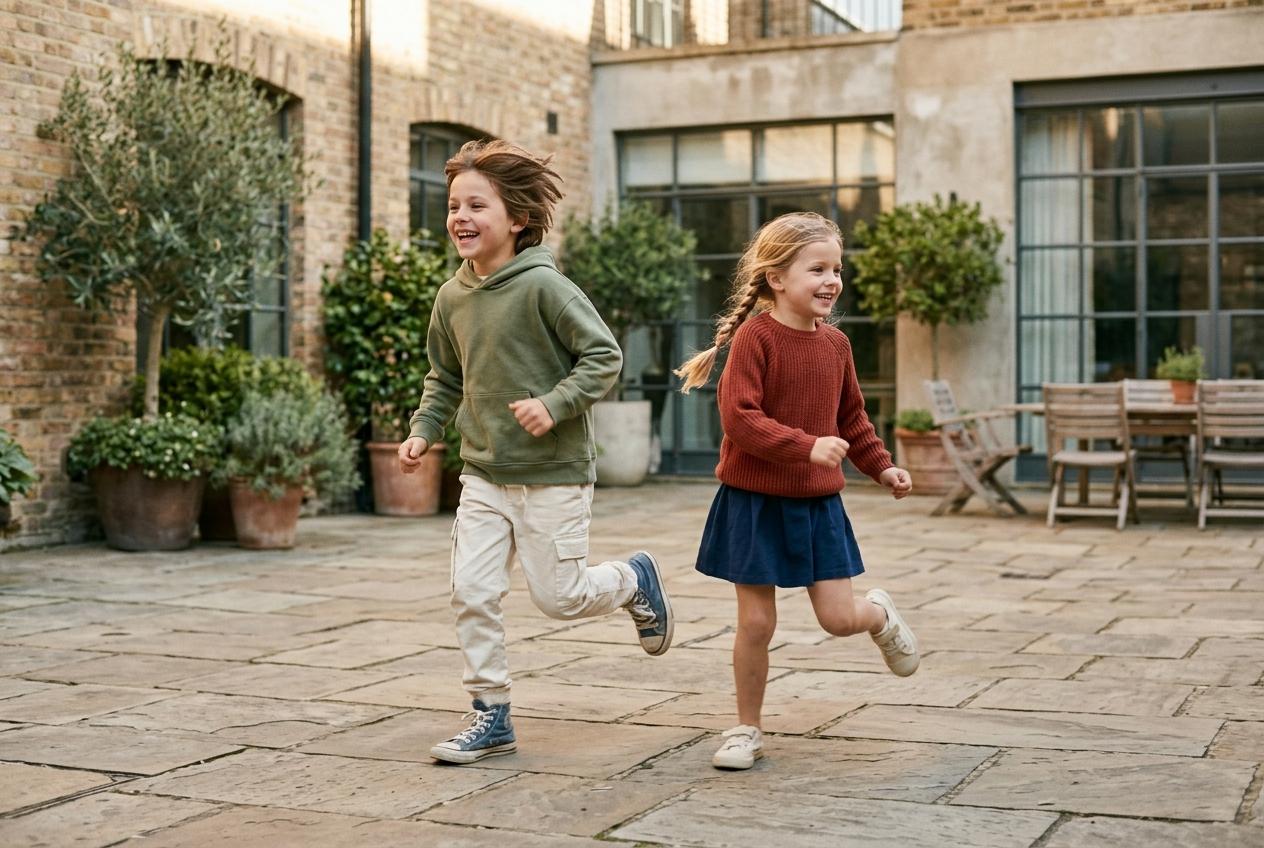 Kids running outside in striped summer clothing