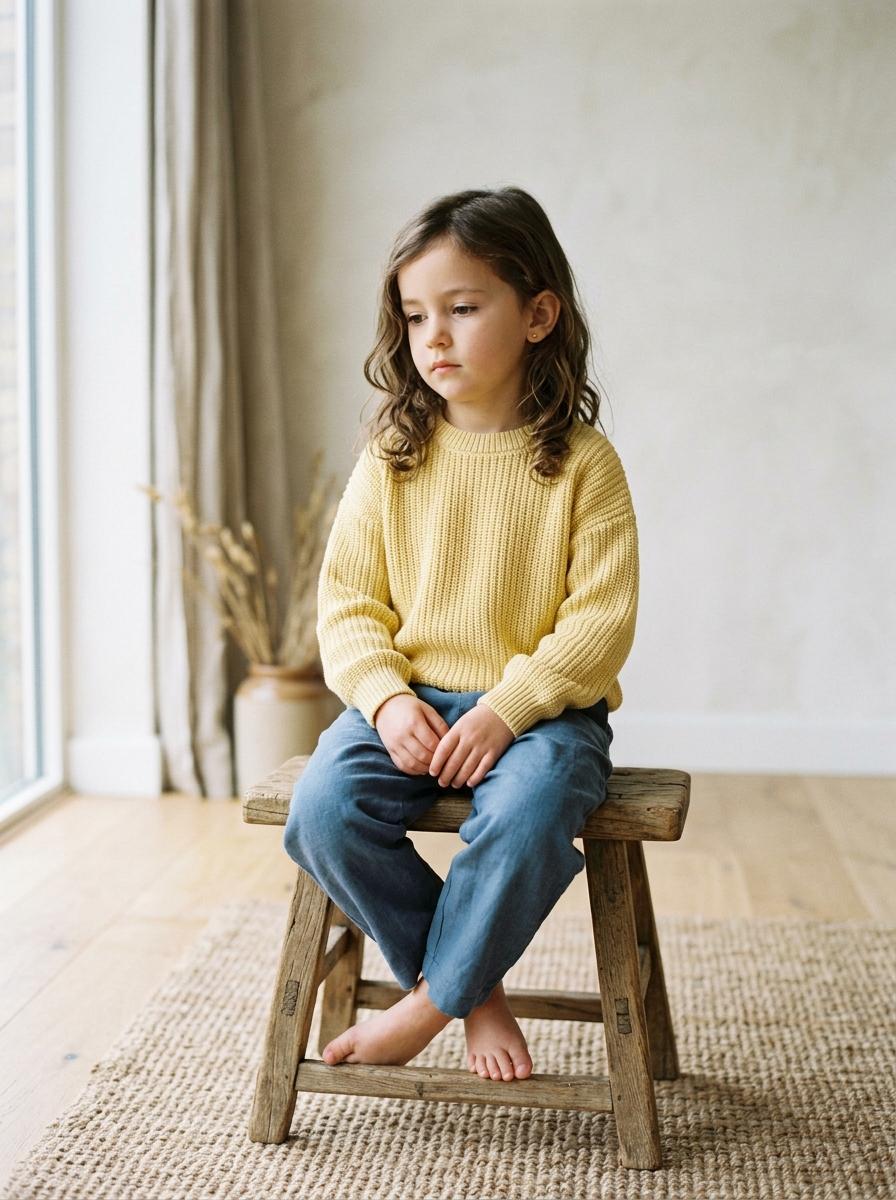 Child wearing butter yellow waffle knit top in studio