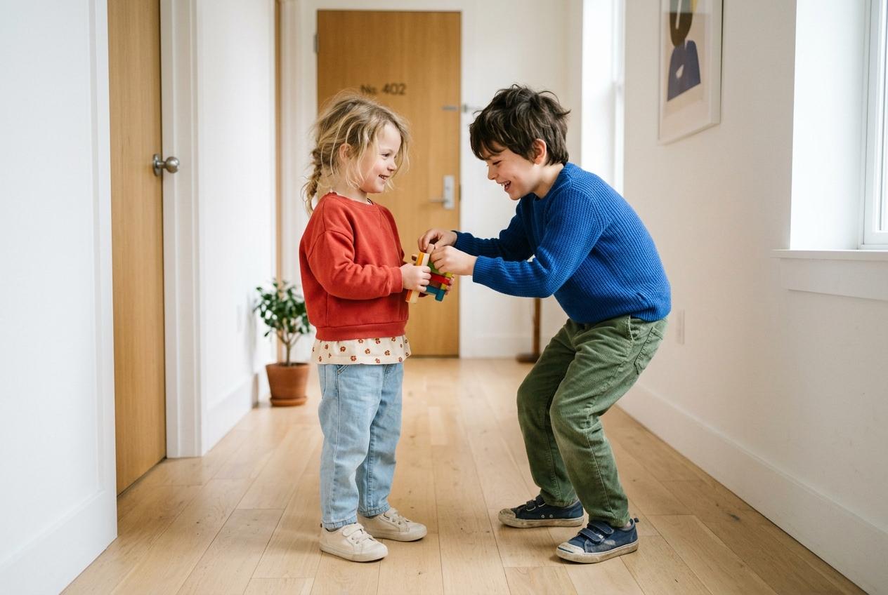 Siblings playing indoors in durable pants