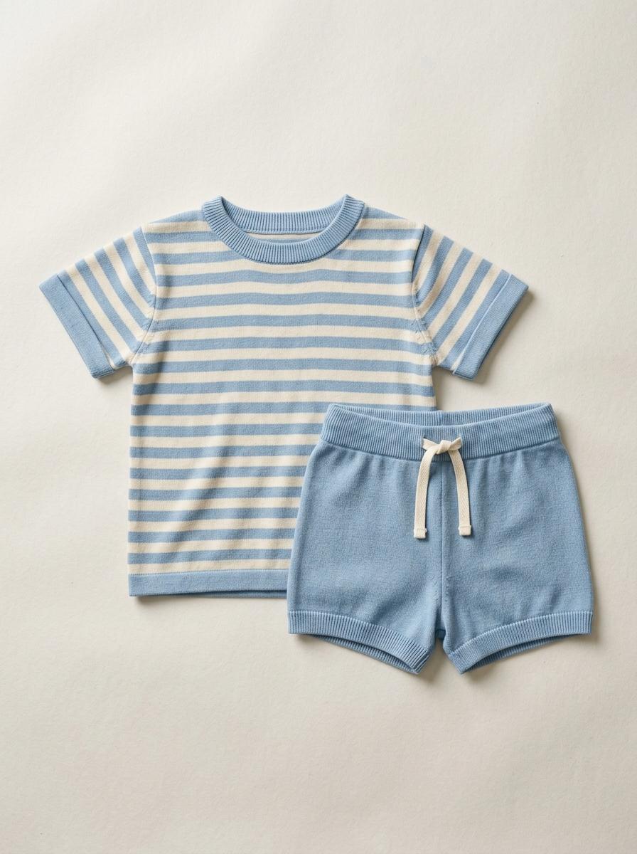 Weekend Stripe Set in Sky Blue laid flat